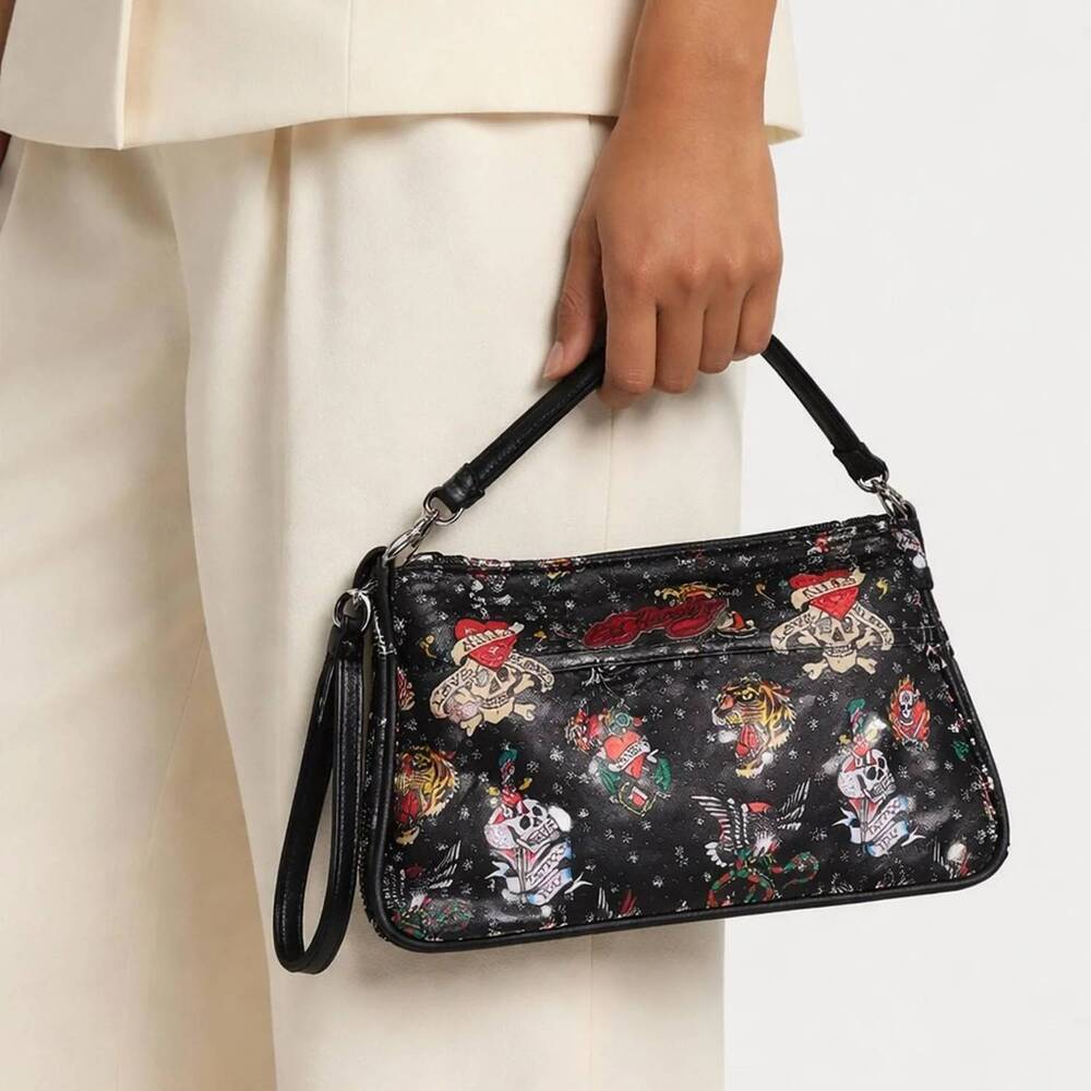 NEW ED HARDY women's convertible wristlet & key ring bag in black